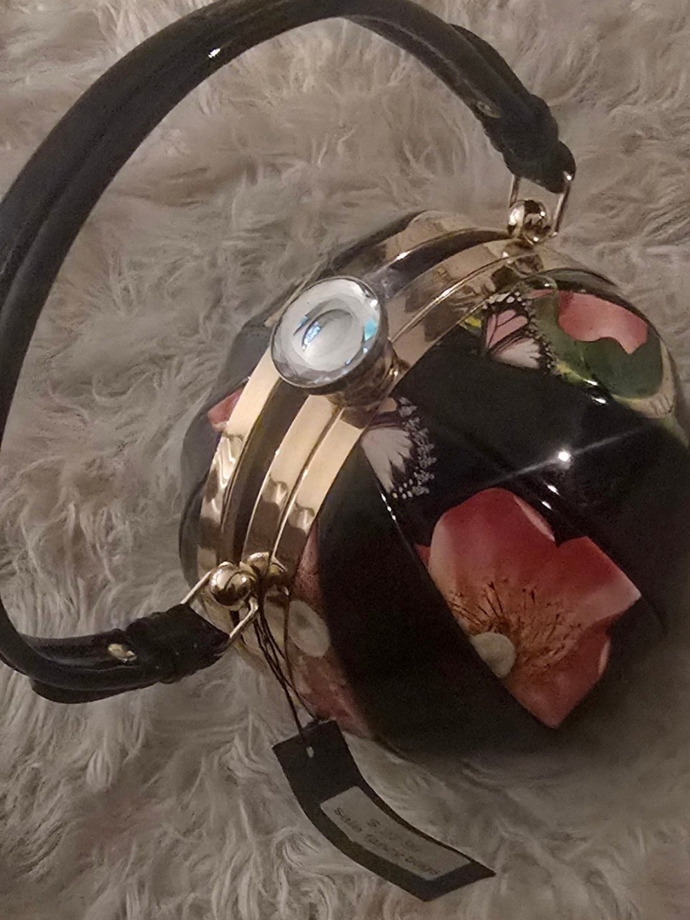 Black Floral Dome Handbag with Gold Hardware